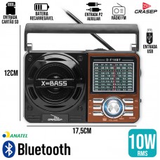 Caixa de Som Bluetooth Retrô D-F10BT Grasep - Marrom